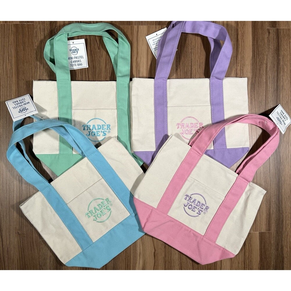 Trader Joe's Mini Pastel Canvas Tote Bag SET OF 4 Limited Edition NEW WITH TAGS